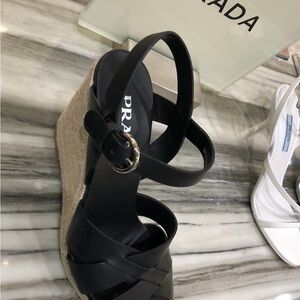 Brand new Prada Black Leather Raffia Wedge Espadrilles size 36/ 6 us w box / bag